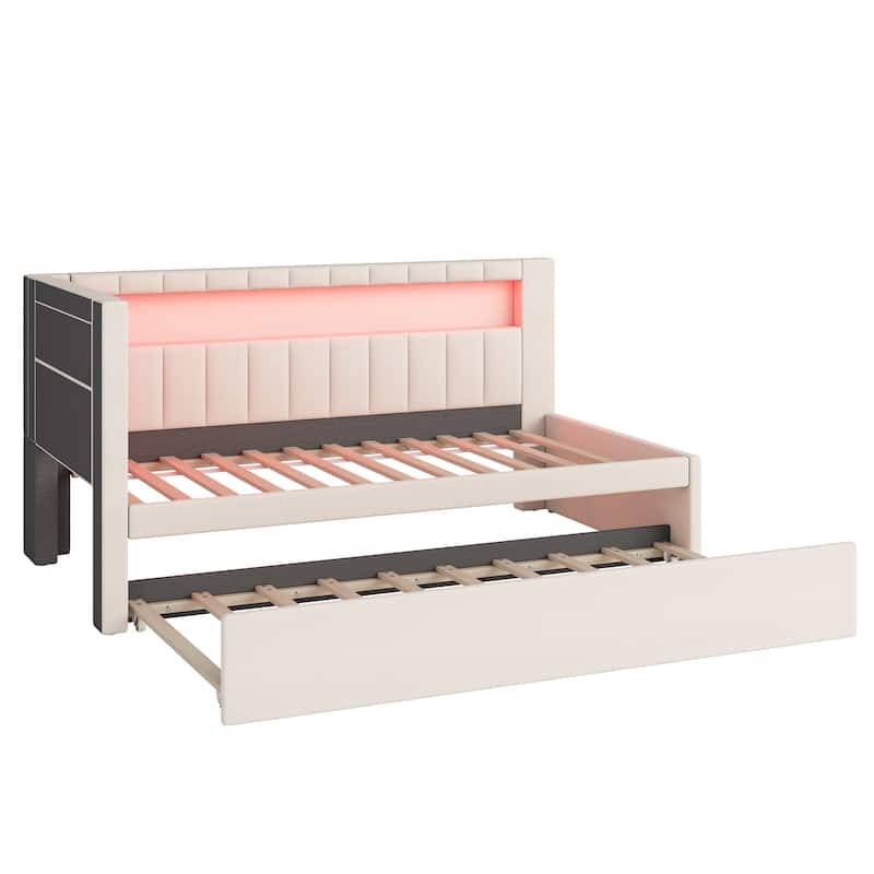 Twin Size Upholstered Platform Bed with USB Ports, LED Lighting, and Trundle, White