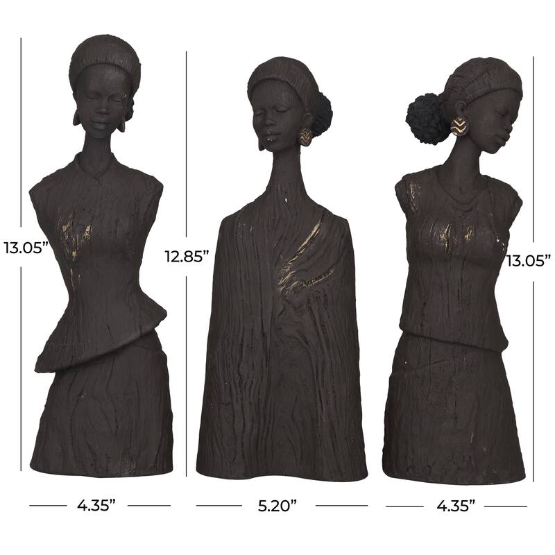 Polystone Woman African Sculpture - Set of 3 Dark Gray - Roche River Decor - 4"W x 4"L x 13"H
