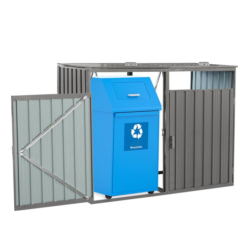 Anmytek Garbage Bin Shed Stores 2 Trash Cans Metal Outdoor Bin Shed for Garbage Storage,Stainless Galvanized Steel, Bin Shed