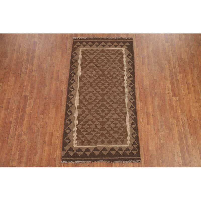 Geometric Kilim Oriental Runner Rug Flat-weave Brown Wool Carpet - 3'5" x 6'7"
