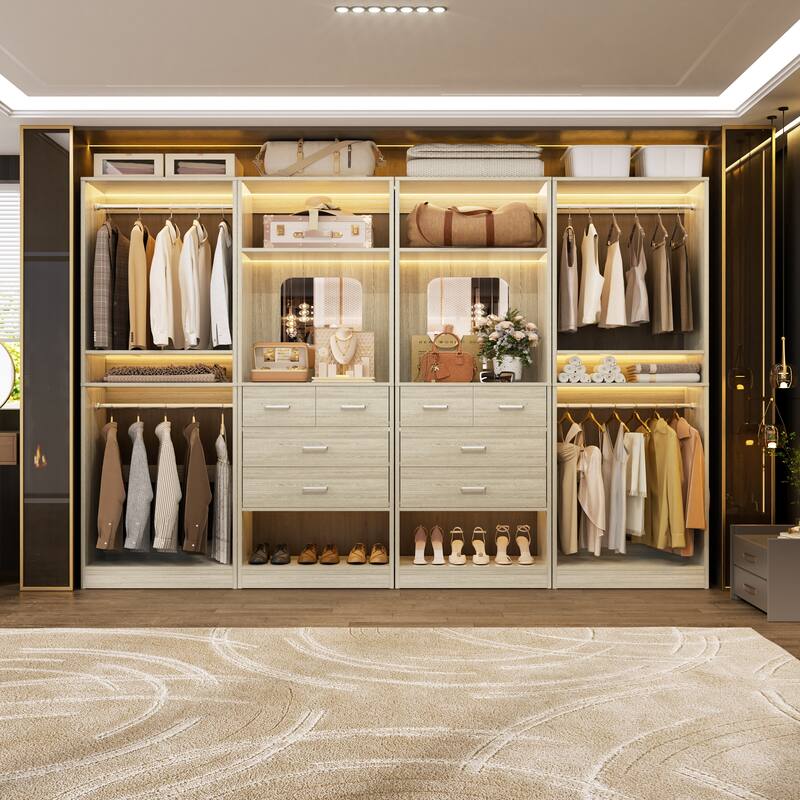 Set of 4 Closet System with 4 Drawer and Hanging Rods, Freestanding Closet Organizer with Storage Shelves - Washed Oak