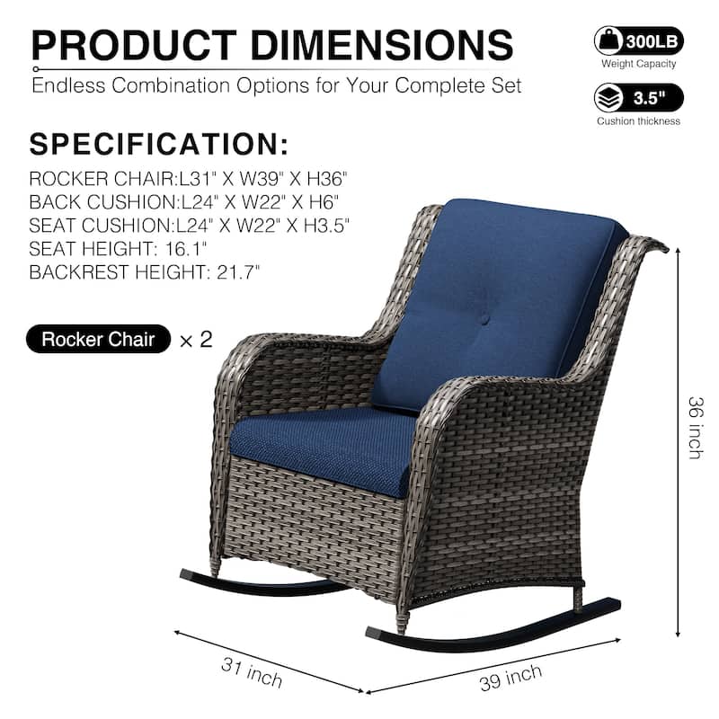 COZYWOR Patio Wicker Rocking Chair Set with Cushions - BLUE
