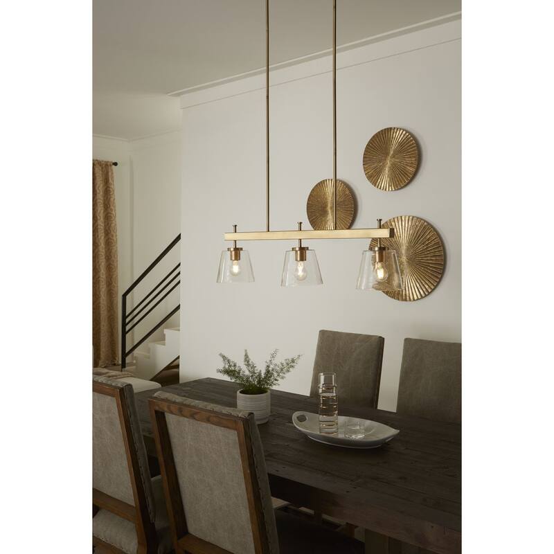 Saffert Collection Three-Light New Traditional Vintage Brass Clear Glass Linear Island Chandelier Light