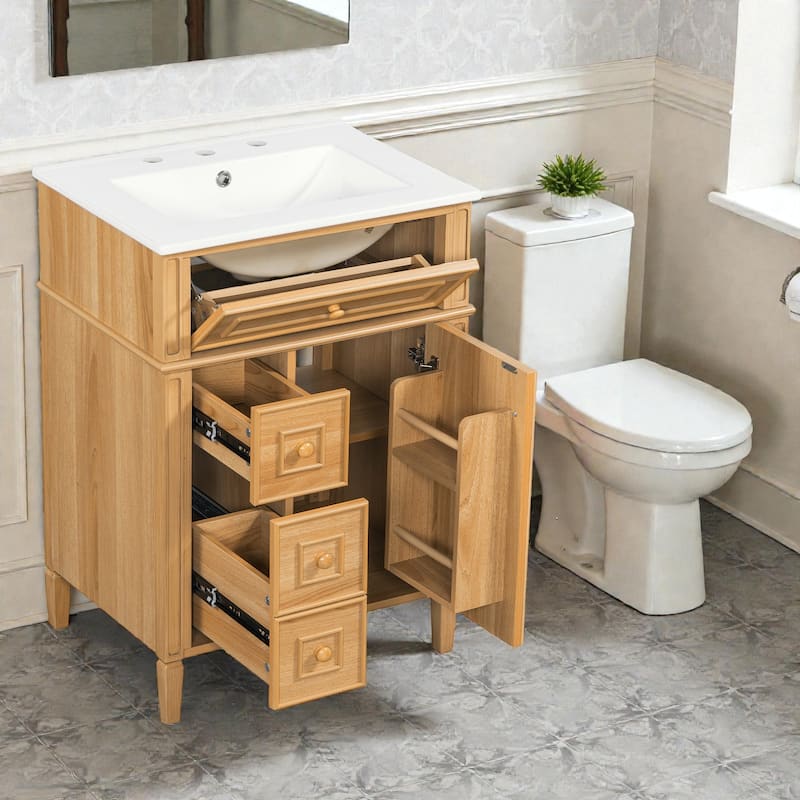 24" Bathroom Vanity with Ceramic Sink, Wood Cabinet with Flip-Out Drawer, Soft-Close Drawers and Door