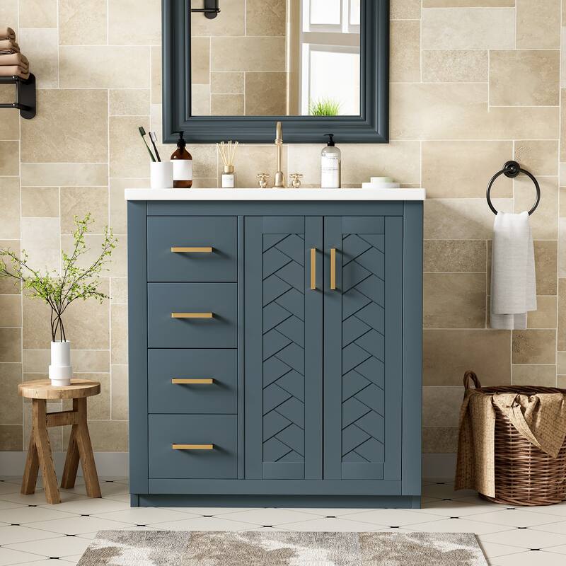 30" Bathroom Vanity with Ceramic Sink Combo,Solid Wood Frame Bathroom Storage Cabinet, Freestanding Vanity Set - Blue