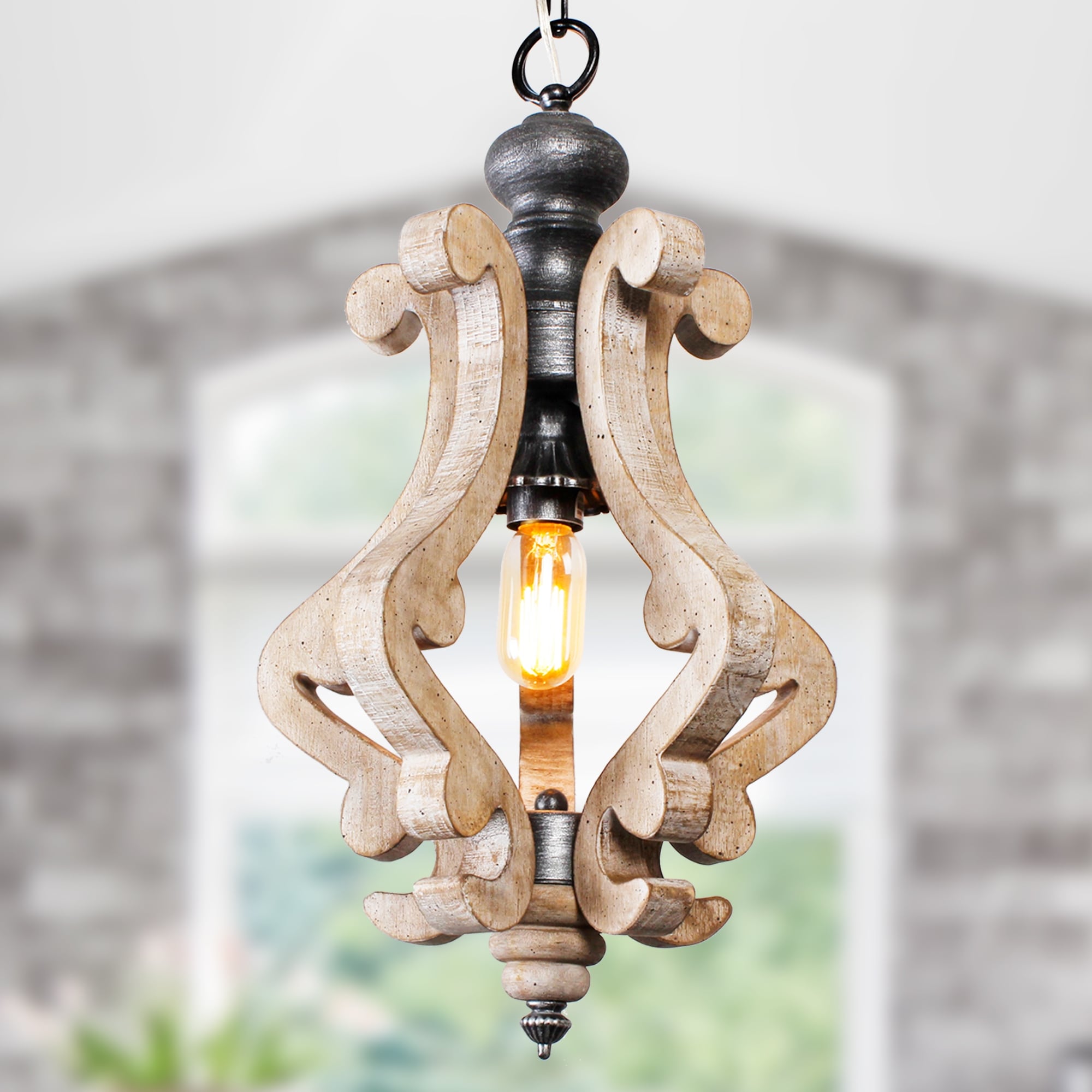 Cusp Barn Farmhouse Light Fixtures Chandelier 1 Light Rustic Wood Pendant Light with Adjustable Chain for Kitchen Island