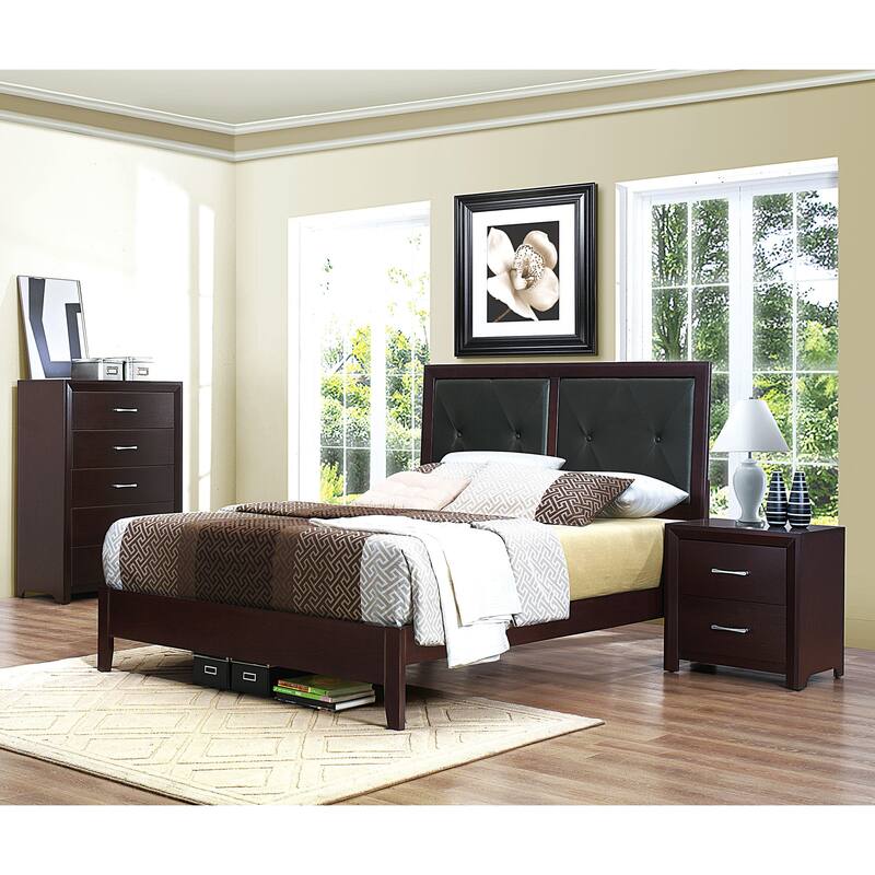 Contemporary 3pc Bedroom Espresso Finish Bed Chest Nightstand Set