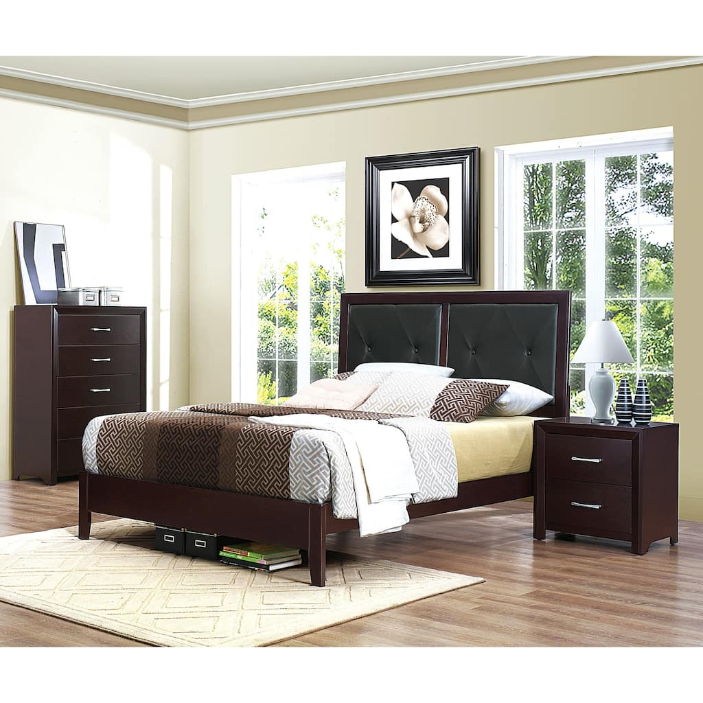 Contemporary 3pc Bedroom Espresso Finish Bed Chest Nightstand Set