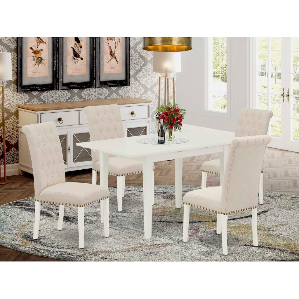 HomeStock 5-Pc Linen White Finish Solid Wood Top - Rectangular Button Tufted Dining Room Set with Butterfly Leaf - Seats 4