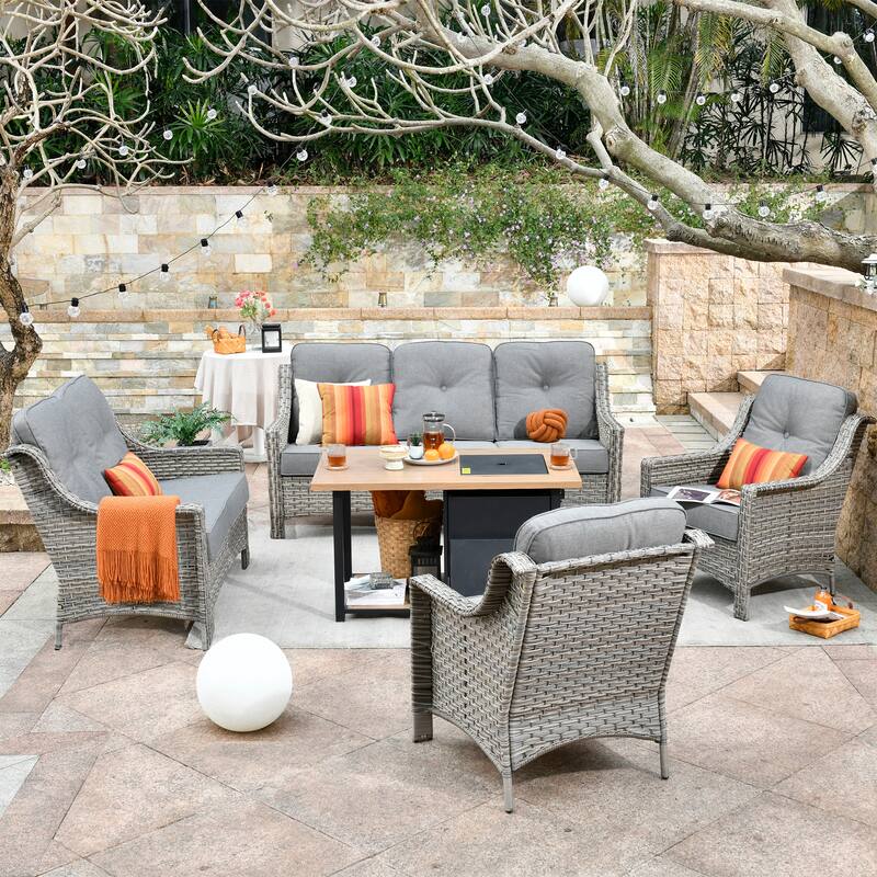 OVIOS 5-piece Patio Wicker Conversation Set With Fire Table - Dark Grey