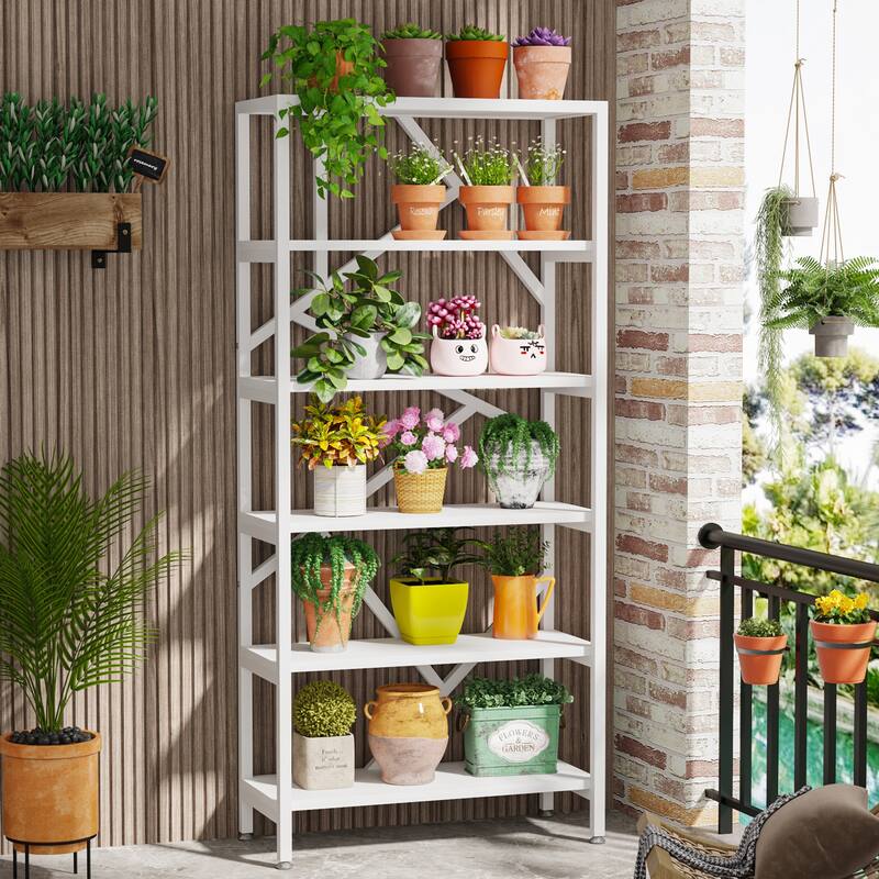 71" Industrial Bookshelf, 6 Tier Rustic Brown Wood Etagere Bookcase, Open Book Shelves