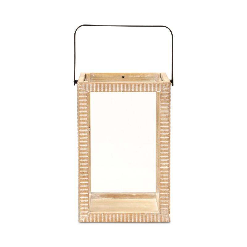 Ridged Rectangular Wooden Tabletop Lantern - 16"