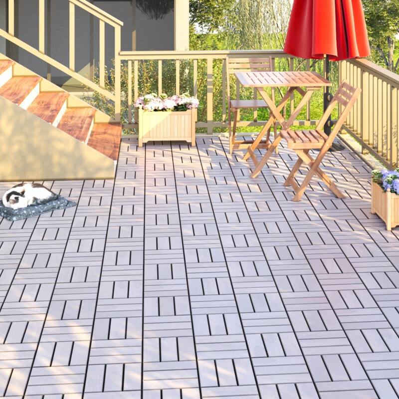 10 PCS Interlocking Deck Tiles Checker Pattern, 12" x 12" Light Gray Square Acacia Hardwood Outdoor Flooring