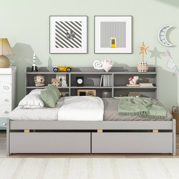 slide 2 of 10, Full Size Wooden Daybed with Side Bookcase, Drawers Grey