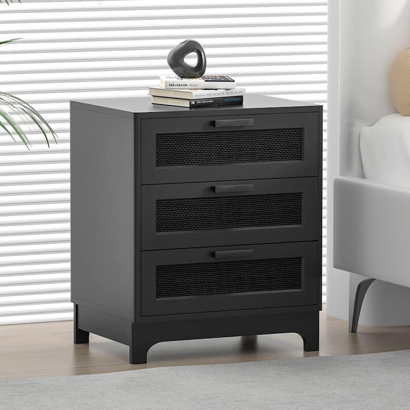 Anmytek Modern Black Wood Rattan Nightstand Bedside Table Side Table with 3 Drawers for Bedroom