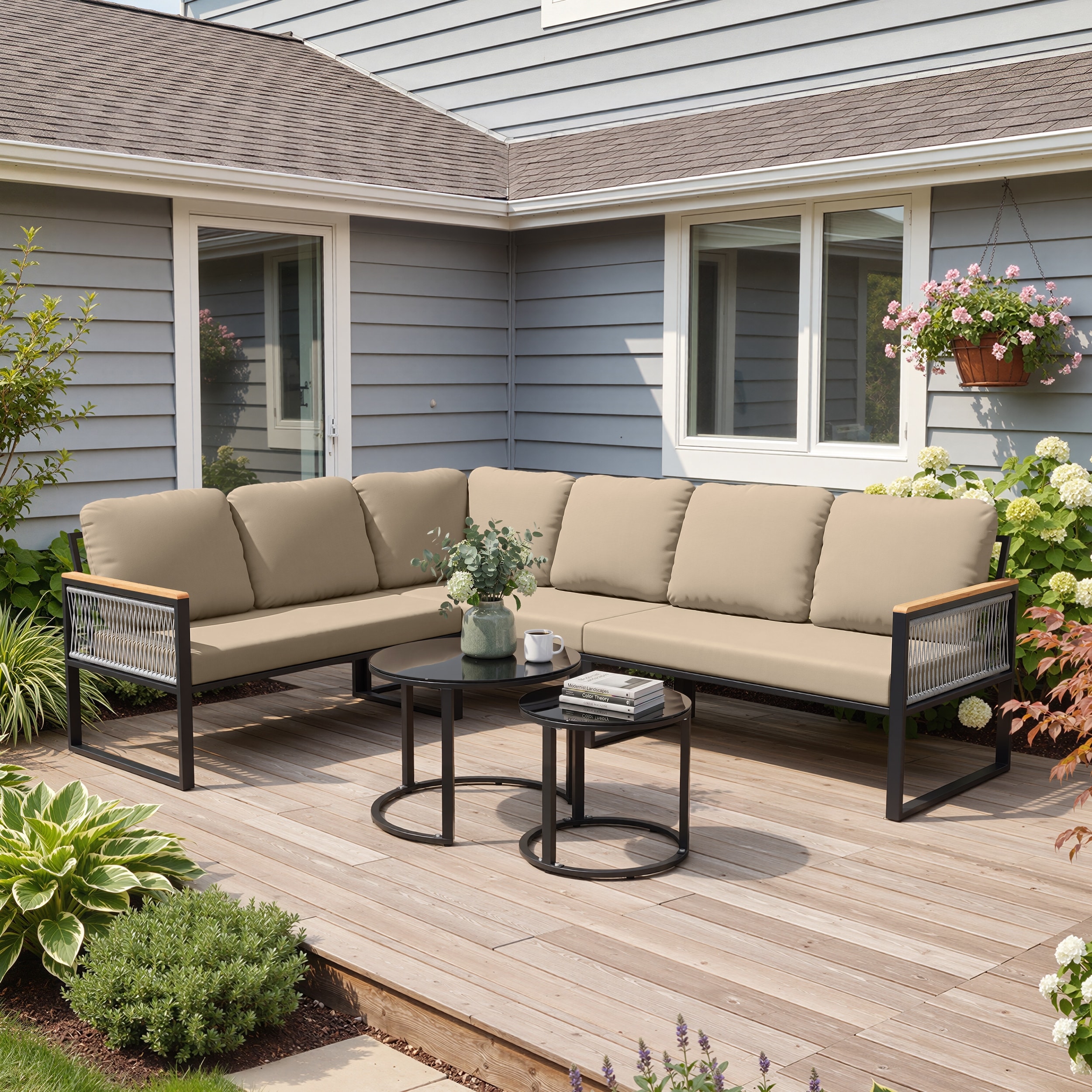 Outdoor All-Weather Cushioned Sectional Sofa Chat Set L-Shaped Deep Seating Conversation Set