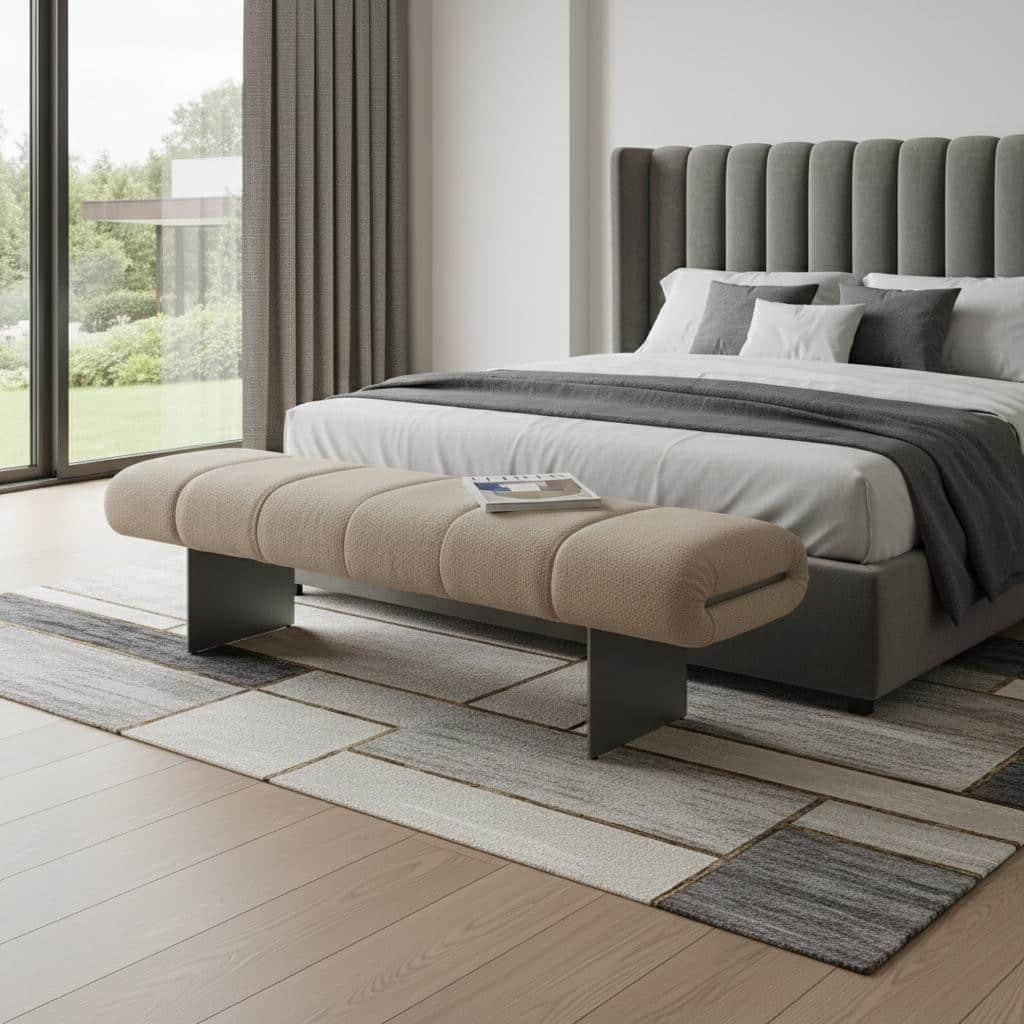 HomeRoots 63" Beige and Nickel Boucle and Steel Upholstered Bench - 63.00 in. x 17.00 in. x 19.00 in.