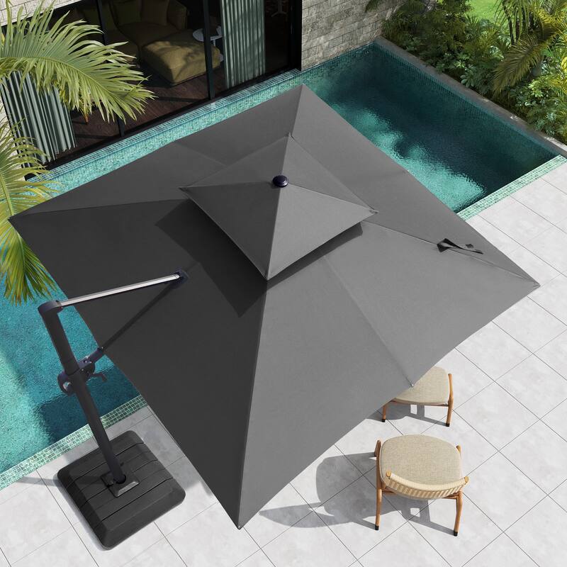 Pellebant 11 ft Patio Cantilever Offset Umbrella Double Top with Base - Dark Grey