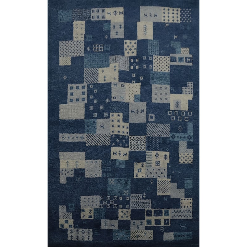 Hand Knotted Oriental 100% Wool Carpet Modern Geometric Navy Blue & Blues Gabbeh Area Rug - 7' 10'' X 5' 4''