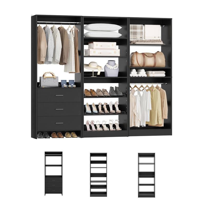 Set of 3 Closet Organizer with Drawers and Shoe Rack, Freestanding Closet System for Bedroom or Walk-in Closet