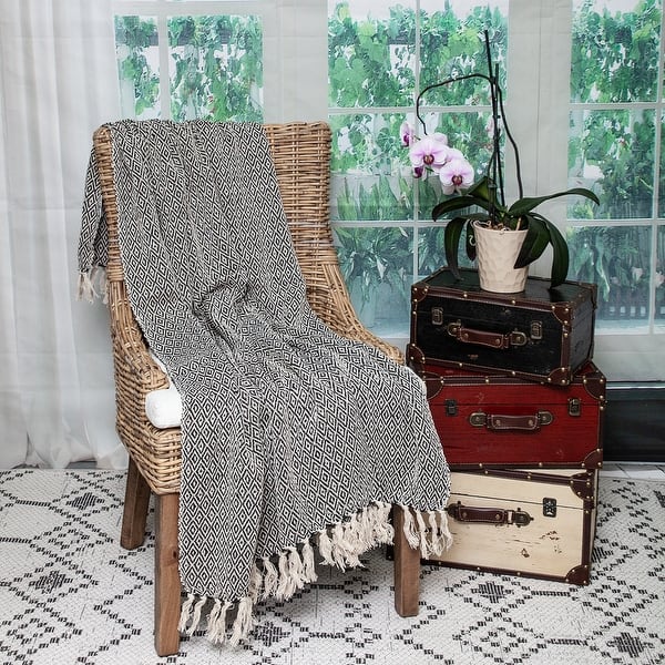 Boho Black and Beige Woven Diamond Pattern Throw with Tassels Boho Black and Beige Woven Diamond Pattern Throw with Tassels