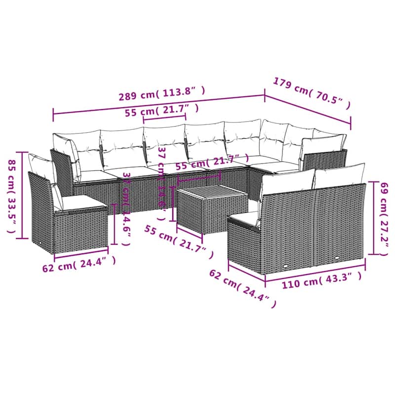 vidaXL Patio Sofa Set with Cushions Outdoor Furniture 11 Piece Poly Rattan - 24.4 x 24.4 x 27.2