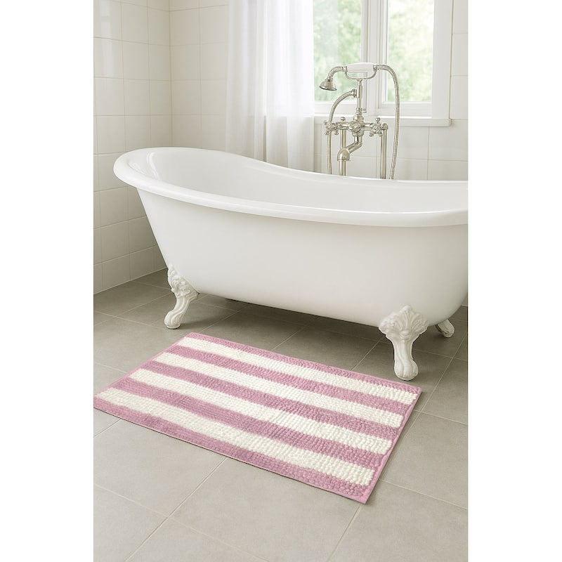 30"x20" - Pink White Stripe Soft Cozy Plush Chenille Bath Mat Bathroom Rug