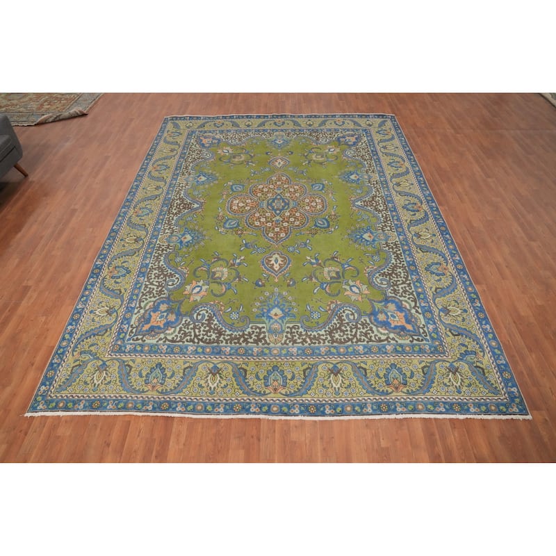 Hand Knotted Oriental 100% Wool Carpet Traditional Floral Green Tabriz Area Rug - 13' 2'' X 9' 10''