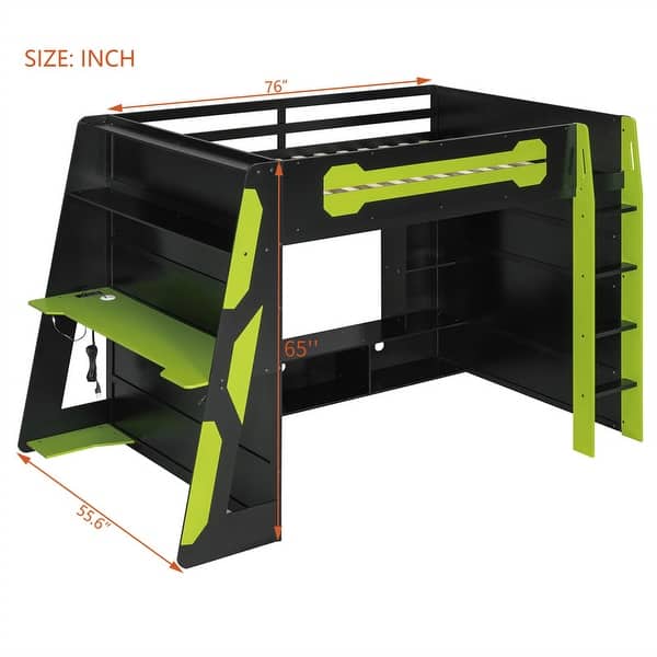 Full Size Gaming Loft Bed with Bulit-in Desk and RGB Light, Wooden Loft Bedframe with Multi-storage Shelves and Ladder for Kids
