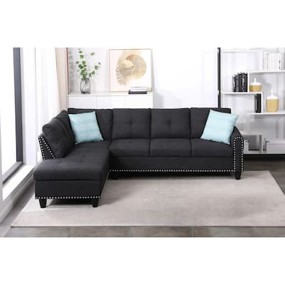 98" Charcoal Grey Linen Left Hand Facing Sofa & Chaise, Seats Five