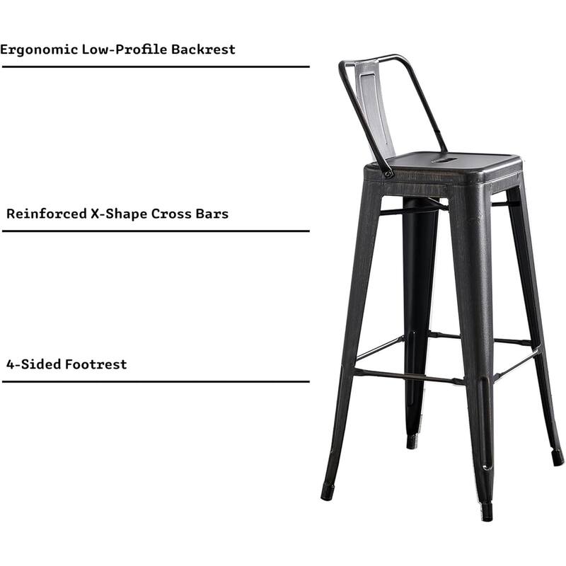 30" Sanded Matte Black Industrial Contemporary Rustic Metal Barstools with Bucket Back, Set of 4