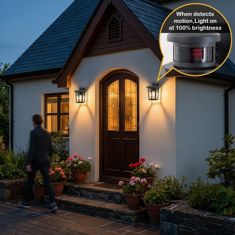 C Cattleya 2-Pack Matte Black Motion Sensor Outdoor Wall Lantern Sconce with Clear Glass
