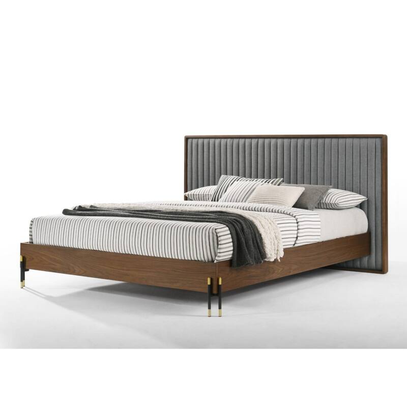 Noe Sia Queen Size Platform Bed, Channel Tufted Upholstery, Gray, Brown