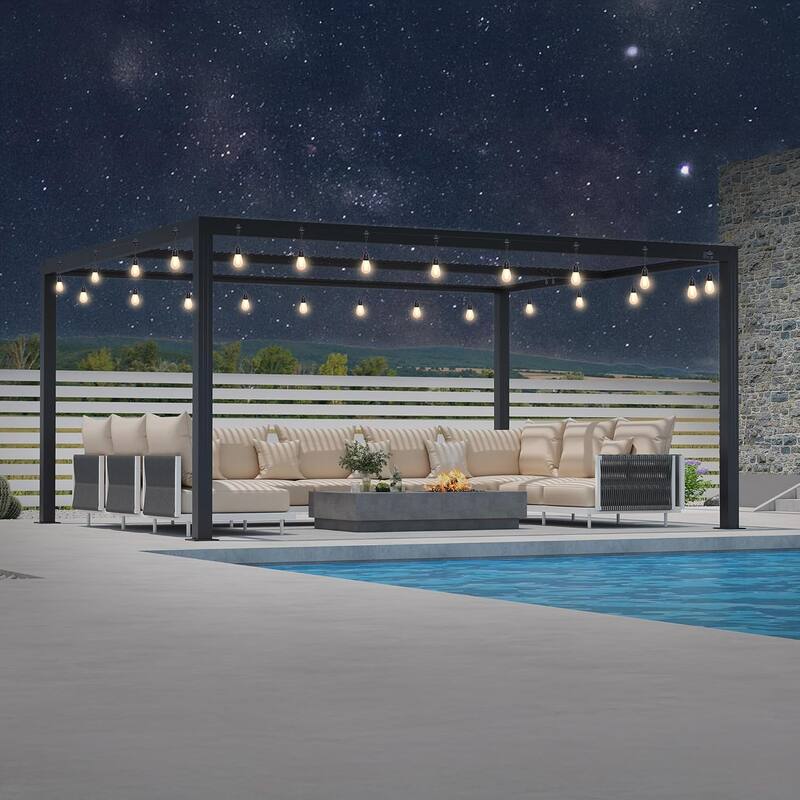 PURPLE LEAF Louvered Pergola with Solar Lights Hardtop Gazebo for Patio - 12' x 14' - Grey Frame & White Roof