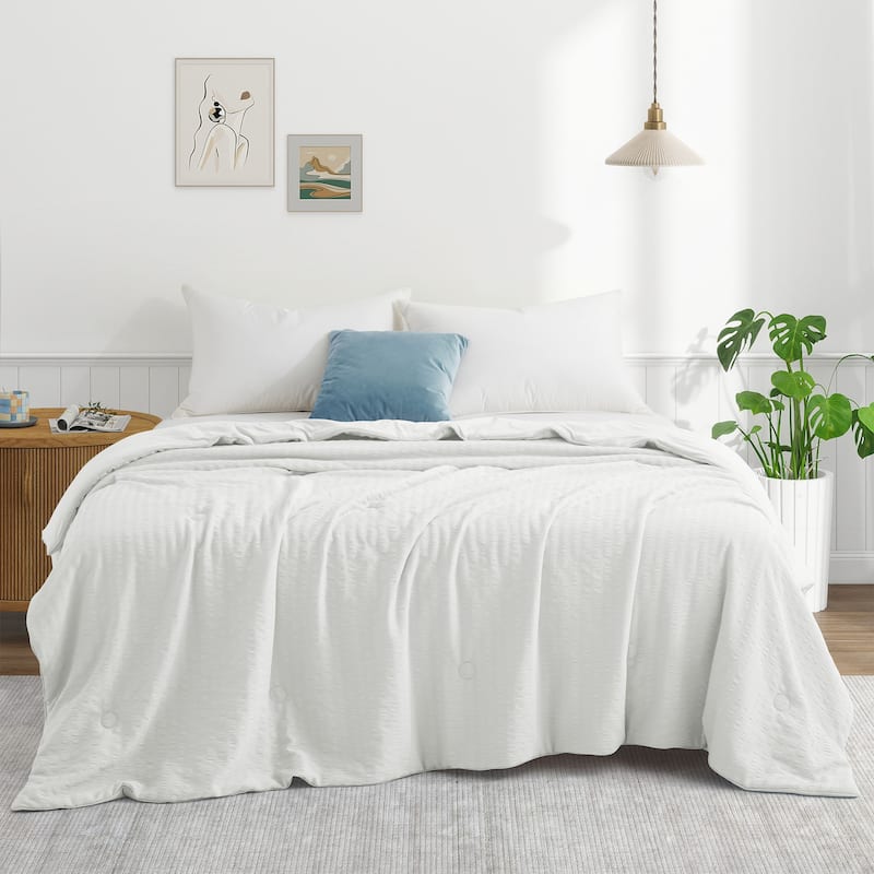 Lightweight Cooling Reversible Bed Blanket, Breathable Seersucker Comforter for Hot Sleepers - Twin (60"x90) - White