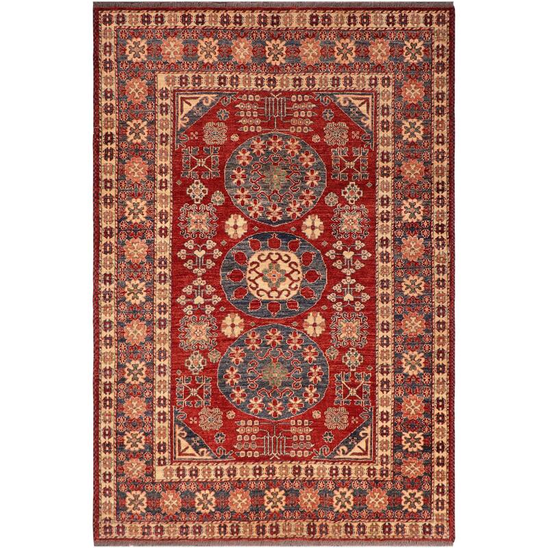 Southwestern Super Kazak Ezra Red/Blue Hand Knotted Wool Rug - 5'3'' x 6'3''