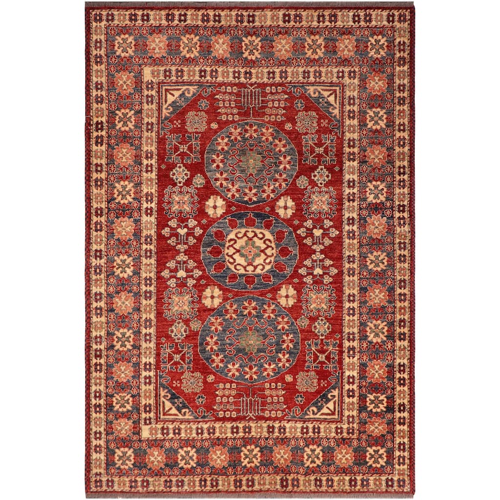 Southwestern Super Kazak Ezra Red/Blue Hand Knotted Wool Rug - 5'3'' x 6'3''