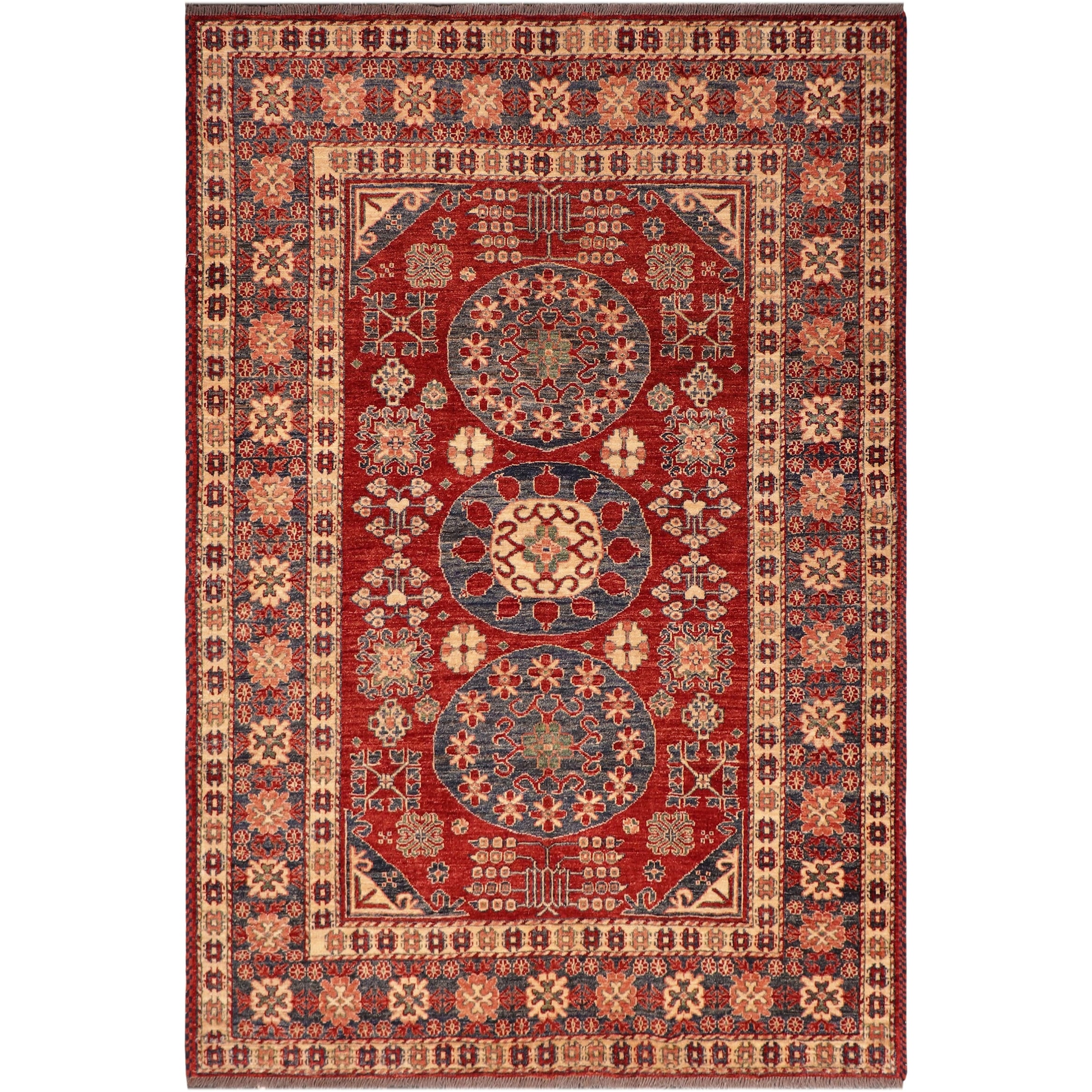 Southwestern Super Kazak Ezra Red/Blue Hand Knotted Wool Rug - 5'3'' x 6'3''