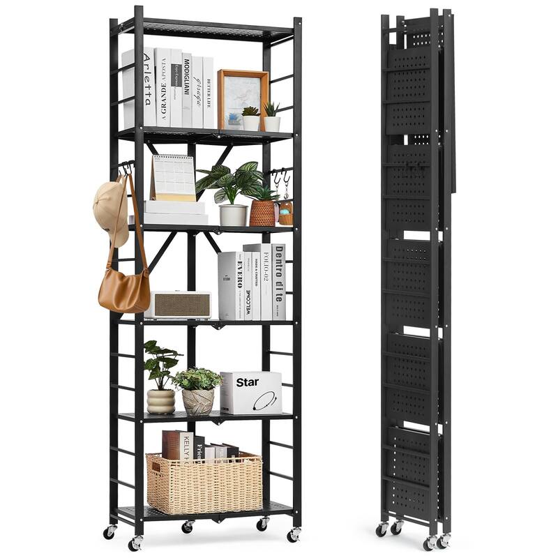 Black Carbon Steel 6 Tier Folding Storage Shelf with Wheels and Space-Saving Design - 12 x 24 x 72 in