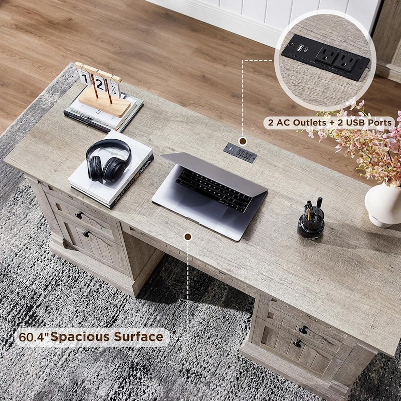 Executive Desk, Wood Office Desk with Charging Station & File Cabinet