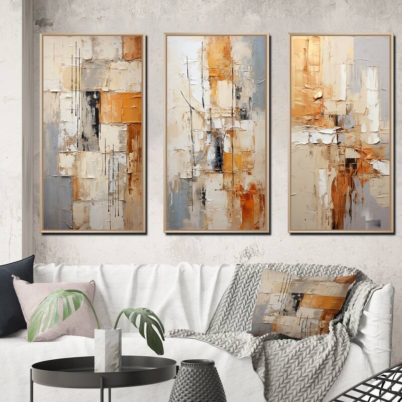 Designart "Abstraction I" Abstract Framed Wall Art Set Of 3 Frame Gallery Wall Set For Home Decor - 50 in. wide x 32 in. high - 3 Panels - Maple
