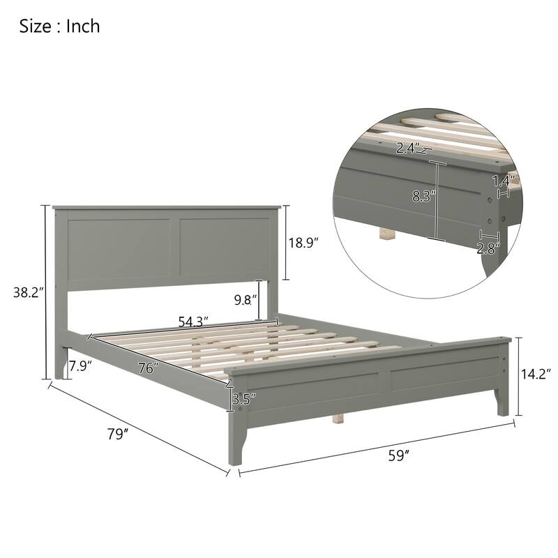 Durable Pine Wood Platform Bed with Slat Design Headboard, Full, Queen, King Options