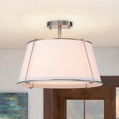 Brass 4-Light Wide Drum Linen Ceiling Light - 17in Mid-Century