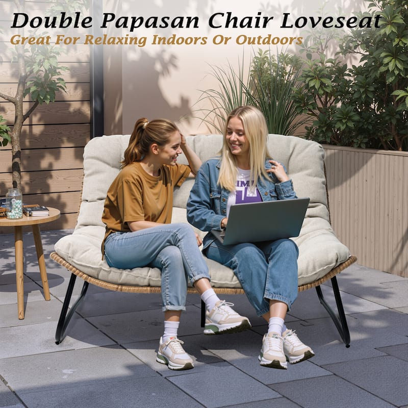 All-Weather PE Rattan Double Papasan Chair Loveseat with Soft Cushion for Indoor Outdoor