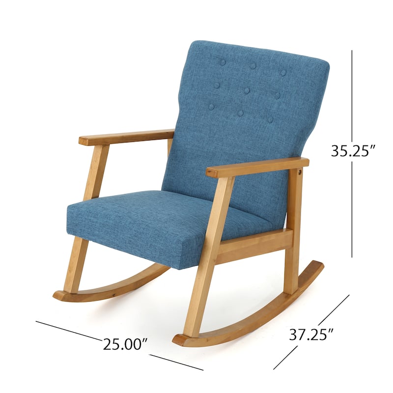 Maze Rocking Chair, Mid-Century Brown Rubberwood, Tufted Blue Fabric