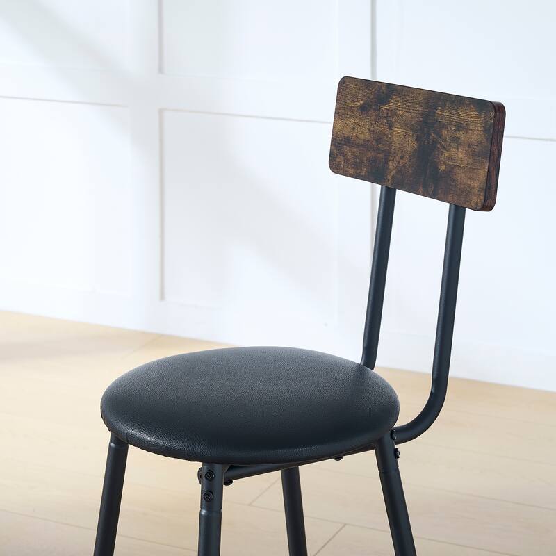 Round bar table and stool set with shelf, upholstered stool with backrest, Rustic Brown 3 pc