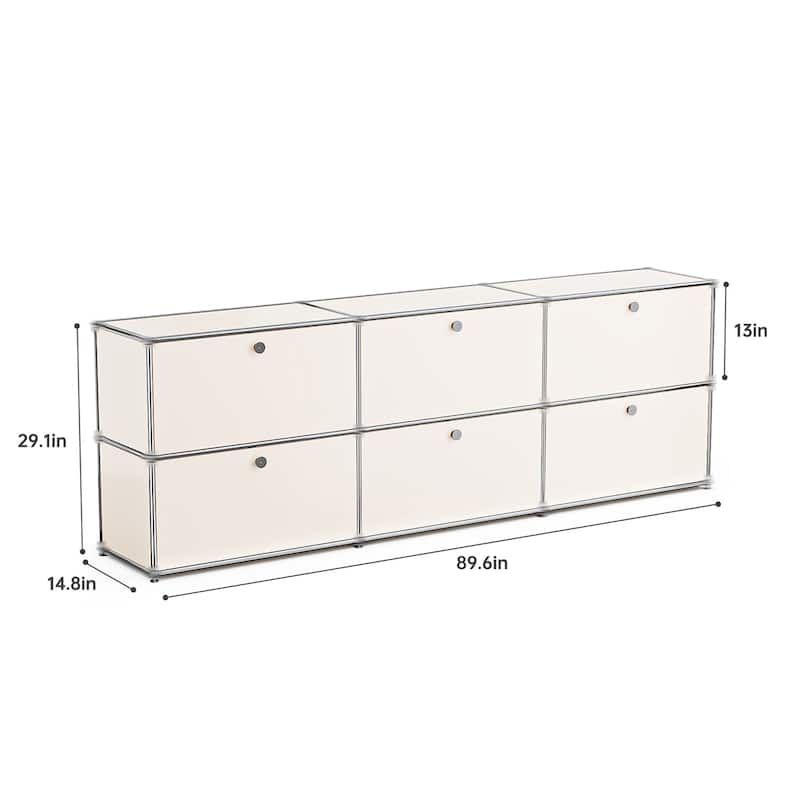 TV Stand Storage File Cabinet Organizer with Stainless Metal - White 2 Layer 6 Door