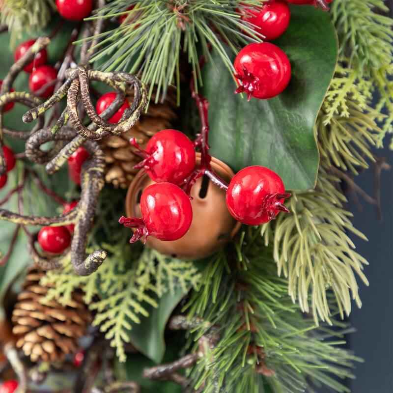 Glitzhome Christmas Bell Pinecone & Berry Bow Wreath Teardrop Garland Wall Decor