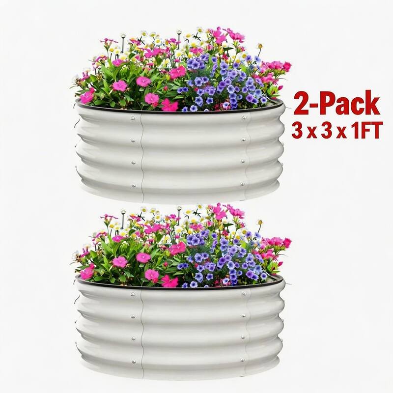 2-Pack 2 x 2 x 1FT Round Galvanized Raised Garden Bed Heavy-Duty Open-Bottom Planter Box off-white - 3*3*1FT
