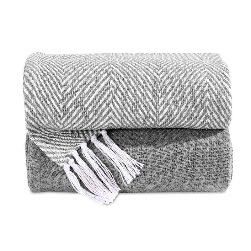 Rustic Farmhouse Cotton Chevron Blanket Throws - Set of 2 with Fringe 50X60 Inches - 50''x60'' - Grey